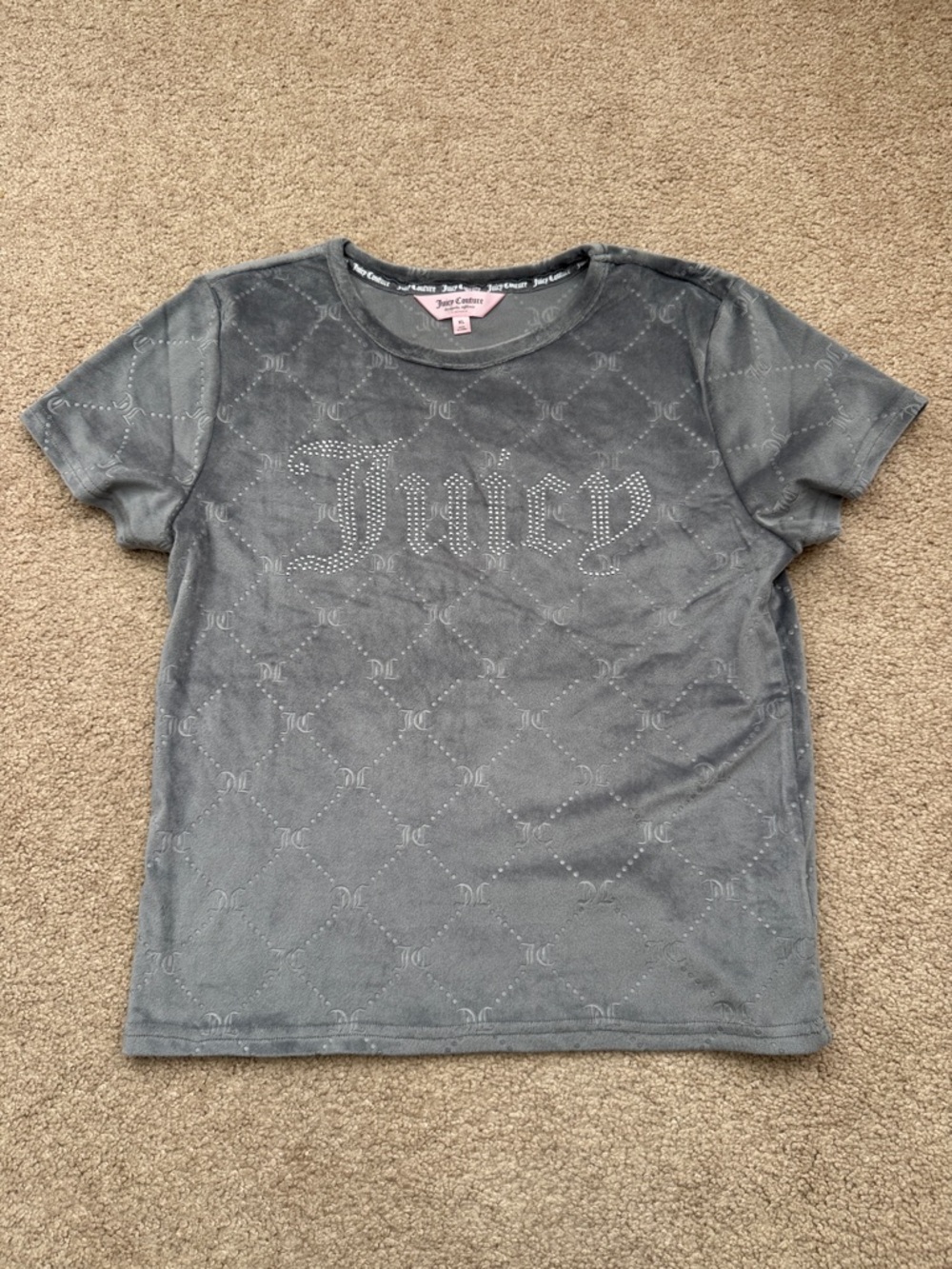 Juicy Couture Gray Rhinestone Logo Short Sleeve Sleepwear Velvet Shirt Size XL